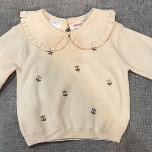 Zara girls’s Embroidered Flower Ruffle Collar Sweater - Cream